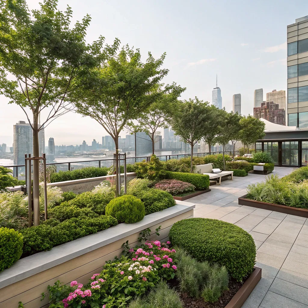 A professionally designed rooftop garden with lush greenery